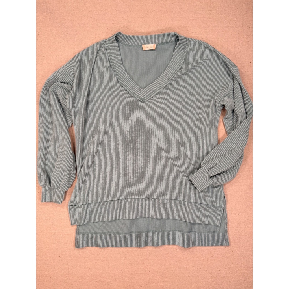 Altar'd State Womens Ribbed V-Neck Top Sage Green Long Sleeve High Low Hem XS